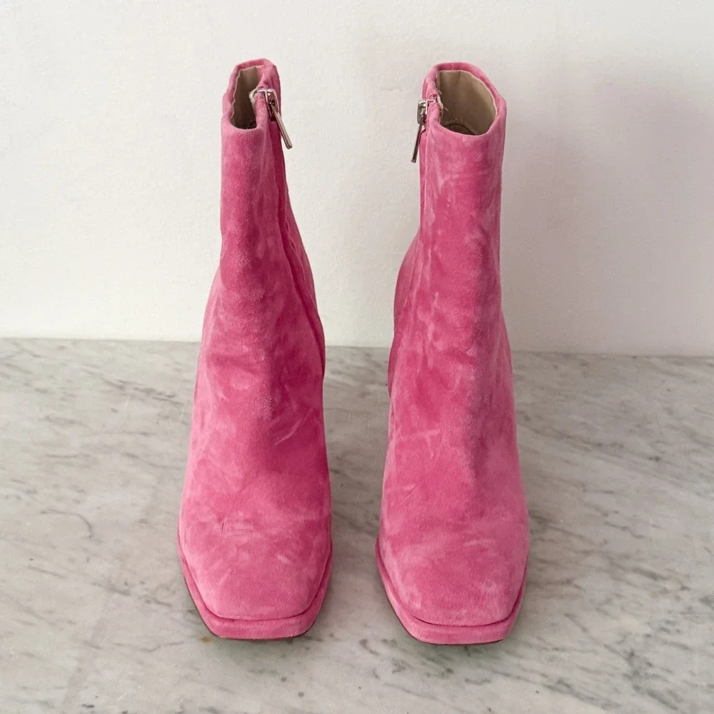 Sam Edelman Suede Ankle Boots Pink Square Toe Block Heel Platform 8 Pink Retro
